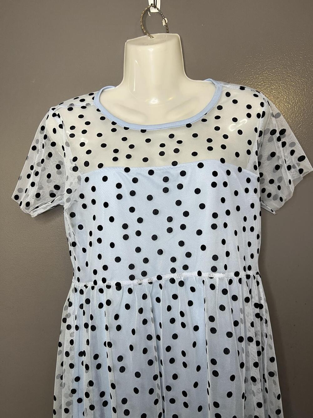 Wednesday's Girl Dress Womens Small Polka Dot Mesh Sheer Fit Flare Midi Blue